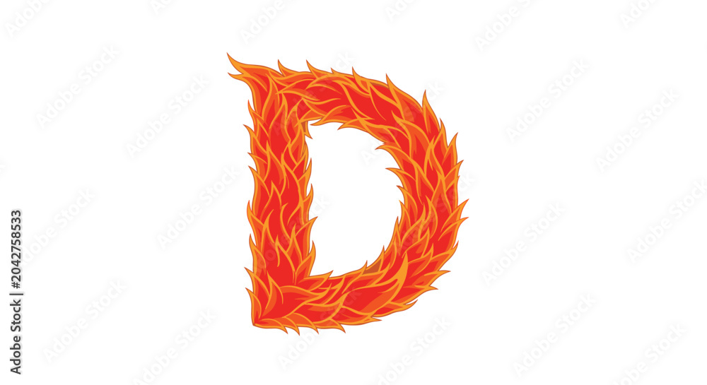 Fototapeta premium Artistic burning capital letter D designed using realistic orange and red fire flames on a clean white background.