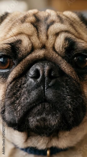 A close-up of a pug with a sad expression.
　悲しそうな表情のパグのアップ顔