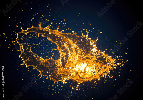 Melted gold liquid splash on dark background.