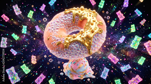 Surreal macro-style illustration of a fluffy pink donut with shimmering pearls and melting gold glaze, floating in space with a scoop of ice cream and colorful candy gummy bears.