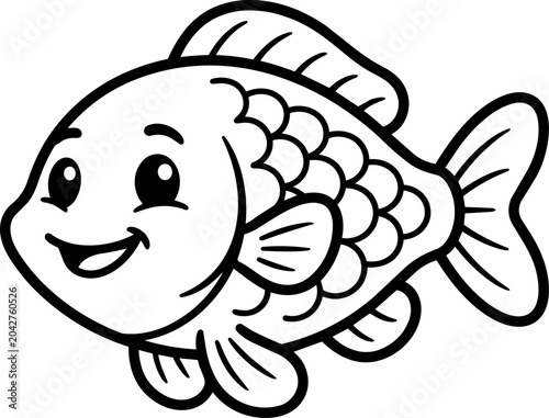 Cute Cartoon Fish Drawing, Black and White Line Art Illustration