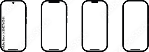 Schilderij op canvas Four black smartphone outlines with white screens on a white background for mock