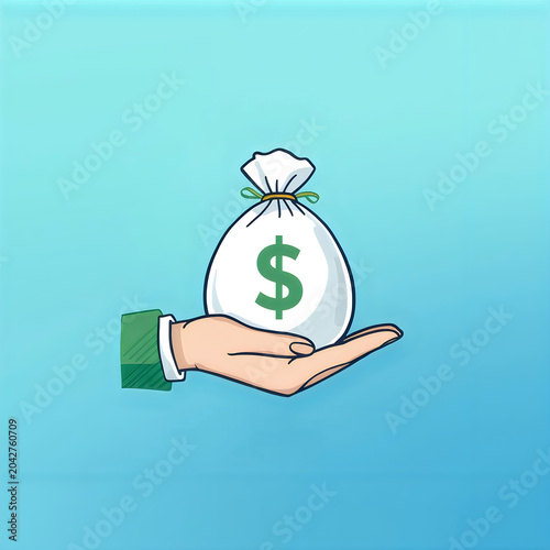 Hand Holding a Money Bag with Dollar Sign on Blue Background