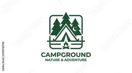 Campground logo with tent, trees, campfire, and moon in a rounded square frame