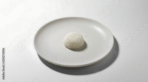 Minimalist white plate with a small, light-colored food portion on a white surface.