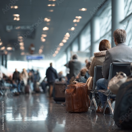 Couple waiting for flight at airport departure lounge with luggage at feet.