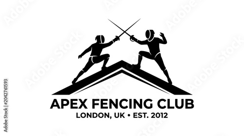 Bild auf Leinwand Fencing club logo with two athletes dueling on a mountain peak graphic element