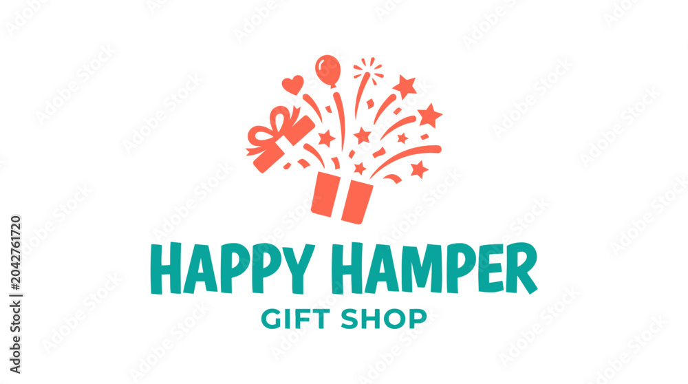 Obraz premium Gift shop logo with festive elements like balloon, fireworks, and gift box, vector illustration