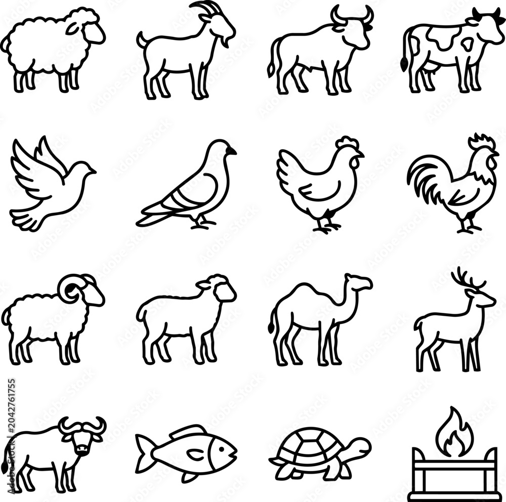 Fototapeta premium Farm Animal Icons Set: Livestock and Pets Line Art Collection