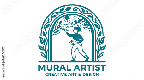 Photography Mural artist painting nature scene within decorative archway, creative art conce