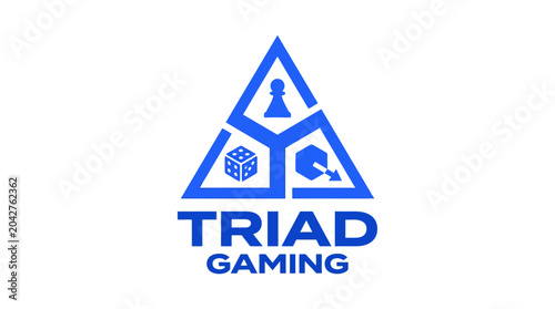 Blue gaming logo with chess piece, dice, and cube on white background