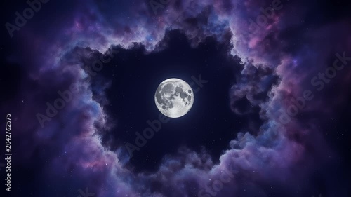 Moon glows bright through swirling cosmic clouds