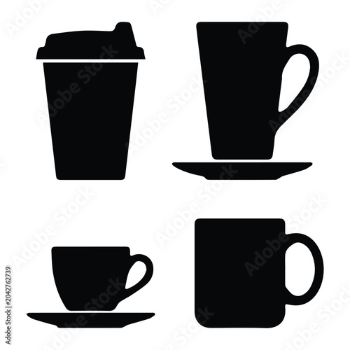 Fotografie Coffee cup types set — espresso cup, mug, tall latte cup, takeaway cup icon Silh