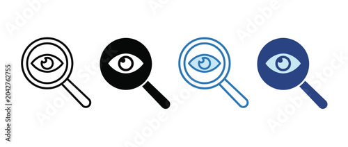 Transparency icon set. magnifying glass with eye symbol. visibility and clarity concept. vector illustration. white background