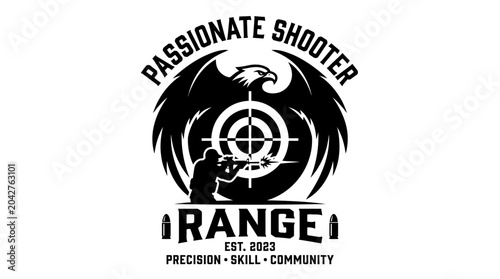 Foto Eagle wings target logo with shooter silhouette and Range text, vector graphic element