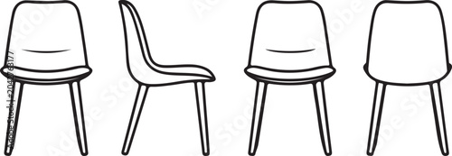 Bilde på lerret Set of Four Mid-Century Modern Chairs Line Drawing Illustration in Black and White