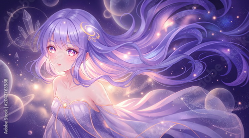 Ethereal anime girl floating in a glowing starry galaxy space