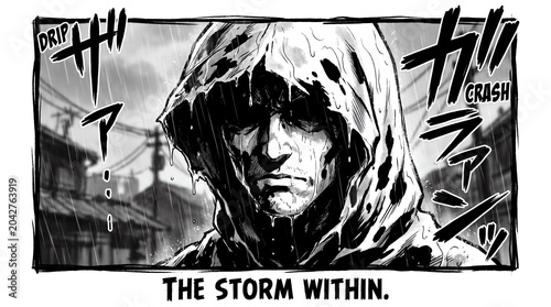 Black and white manga panel showing a hooded character in the rain