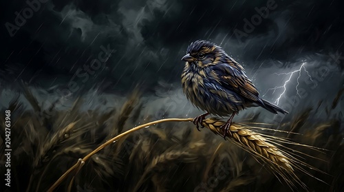 Wild bird on golden wheat under a dark moody stormy sky