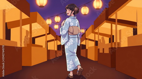 Person walking down a traditional Japanese town street at sunset