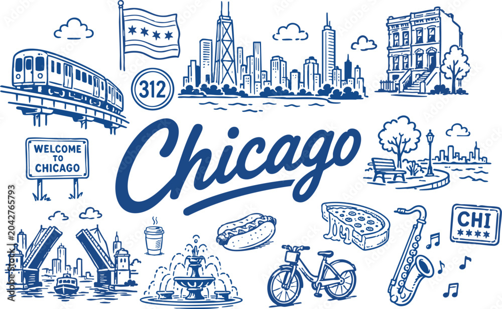 Naklejka premium Chicago Travel Vector Set with Skyline, Train, City Flag, River Bridge, Hot Dog, Pizza and Jazz Icons