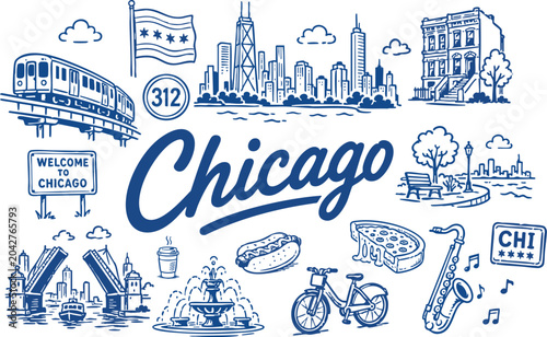 Chicago Travel Vector Set with Skyline, Train, City Flag, River Bridge, Hot Dog, Pizza and Jazz Icons