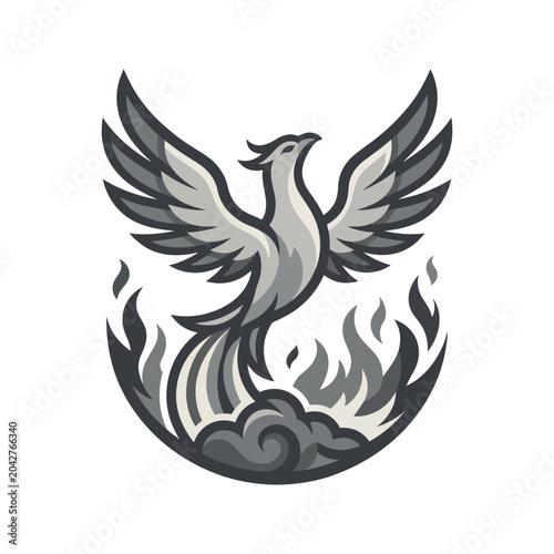 Photos Stylized phoenix bird rising from fire flames circular emblem.