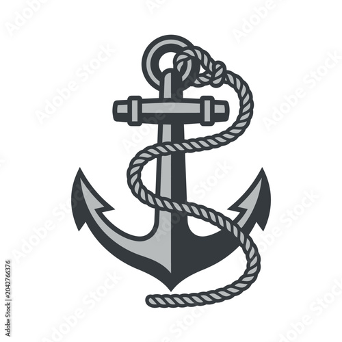 Photography Large metal anchor entwined with thick braided rope.