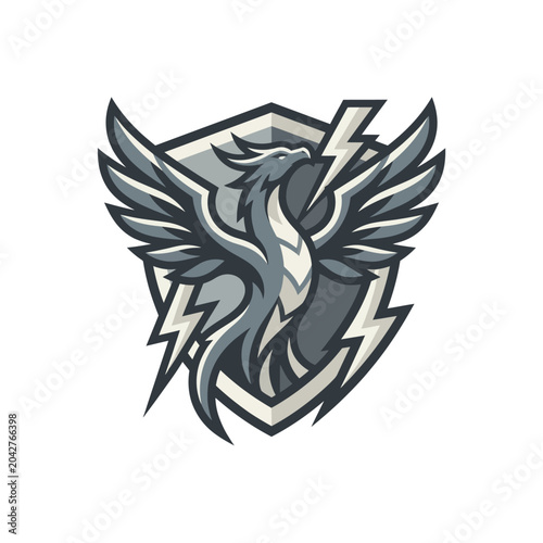 Foto Phoenix bird mascot inside shield with lightning bolt elements.