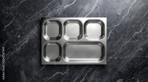 Stainless Steel Divided Tray on a Dark Marble Surface - A Culinary Presentation.