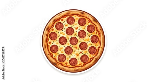 A delicious pepperoni pizza sits on a table indoors viewed from above.