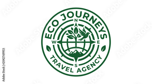 Tableau sur toile Green circular logo for eco travel agency with globe, tree, bird and compass