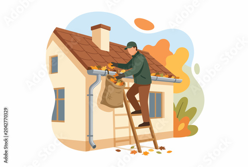 Professional worker cleaning autumn leaves from house roof gutter