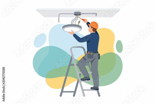Electrician on Ladder Repairing Ceiling Light Lamp in House