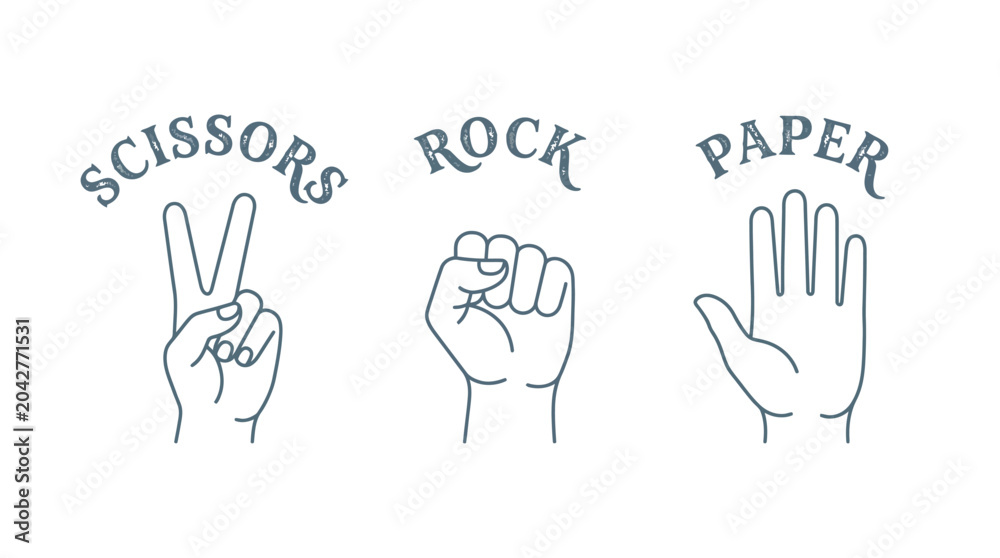 Fototapeta premium Hand gestures illustrating the classic game of rock paper scissors with elegant typography and clean line art style presented in a minimalist design format isolated on a pure white background.
