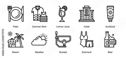 Quadro su tela Resort leisure icon set featuring hotel,summer drink,snorkel and relaxation elements for tropical tourism and vacation projects