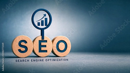 SEO search engine optimization concept, wooden blocks with magnifying glass and growth graph, digital marketing and web ranking strategy