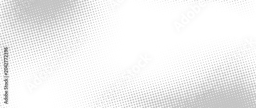 Grey dotted halftone background. Retro gris comic gradient pattern. Light silver pixelated texture overlay. Cartoon pop art faded grain backdrop for poster, banner, advertisement, brochure. Vector