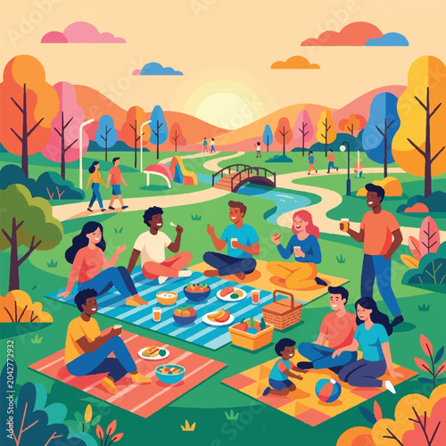 A vibrant, flat-style illustration depicting a diverse group of people enjoying a joyful community picnic in a colorful, stylized autumn park landscape.