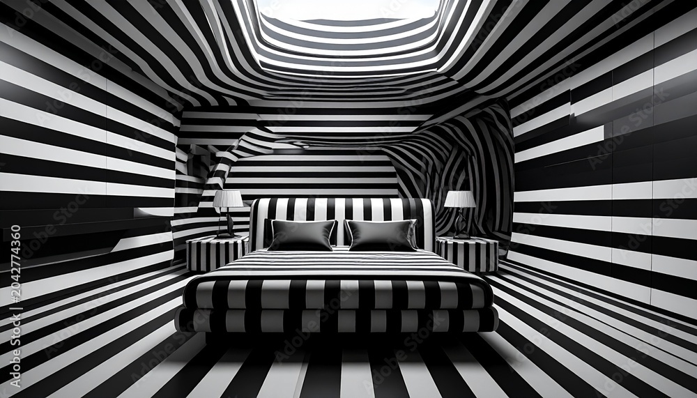 Fototapeta premium Minimalist black and white striped bedroom interior with futuristic tunnel perspective