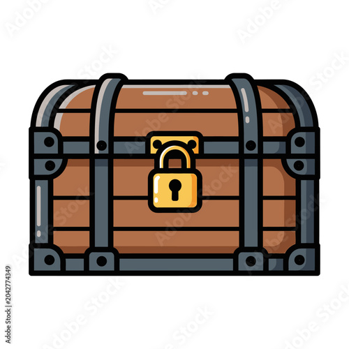 Antique Treasure Chest with Lock, Wooden Storage Box, Illustration