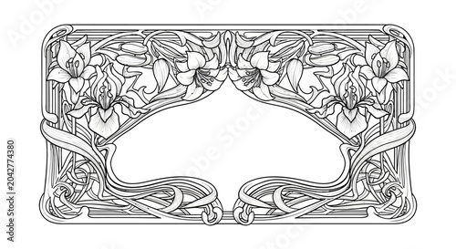 Art Nouveau floral frame, elegant ornamental border with blooming flowers and leaves, vintage design