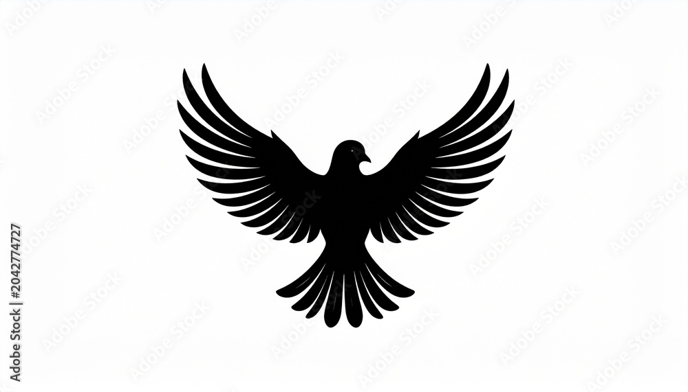 Fototapeta premium A black silhouette of a bird spreads its wings in flight outdoors.