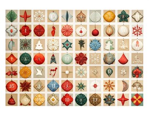 A grid of 70 small Christmas ornaments on beige squares