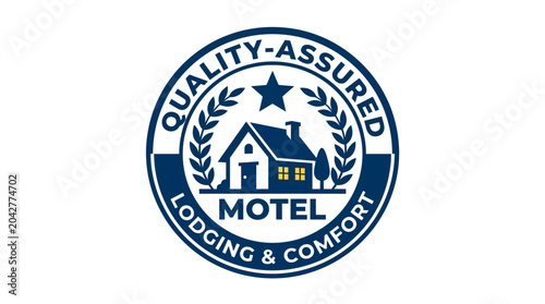Cuadro en lienzo Quality assured motel emblem with house and laurel wreath, blue and white graphic element