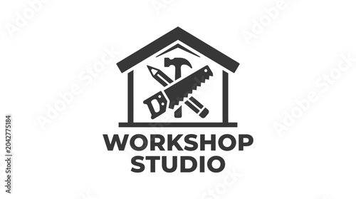 Workshop studio emblem featuring carpentry tools inside a house silhouette, graphic element