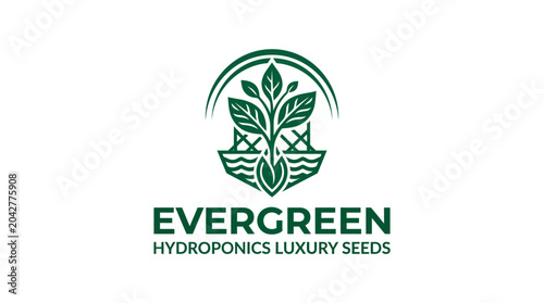 Принти на полотні Green plant logo for hydroponics business with arched frame and text Evergreen Hydroponics Luxury Seeds