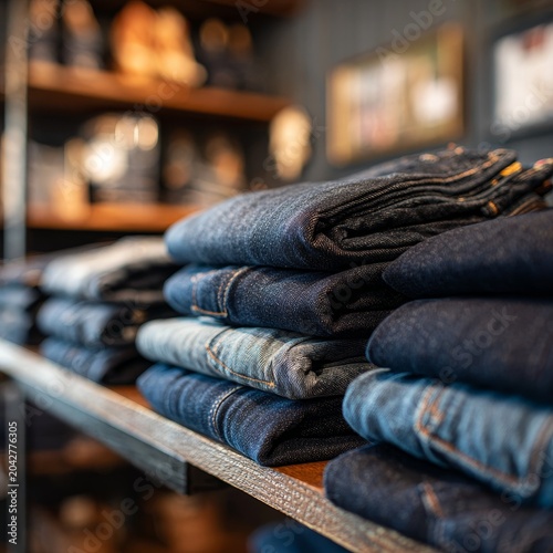 Stacked blue denim jeans neatly folded on store shelf display.
