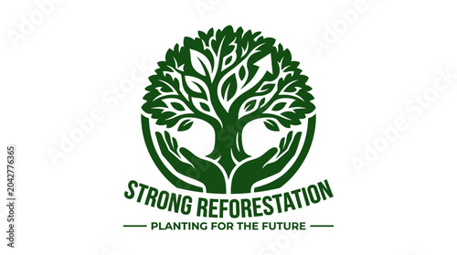 Schilderij op canvas Green tree logo with hands and text Strong Reforestation Planting for the Futur