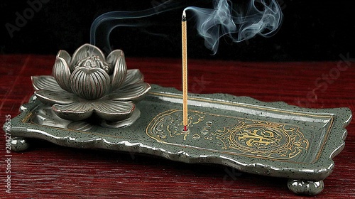 Centered close-up of burning incense stick with smoke forming heart shape, lotus holder in speckled ceramic dish on dark wood, black background.